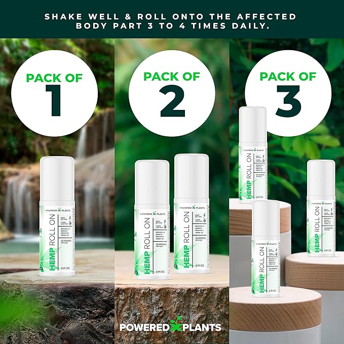 Hemp Oil Roll On - Menthol Rub with Boswellia & Arnica - 12,000mg Extra Strength Oil for Muscle Discomfort by Powered X Plants - Pack of 3, 3 fl.oz.