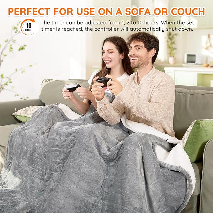 Mia&Coco Electric Blanket Twin - 62"x84" Flannel Heated Blanket,10 Heat Levels, 10-Hour Auto-Off, Fast Heating, Overheat Protection, Machine Washable, Soft Heating Blanket for Home and Office (Gray)