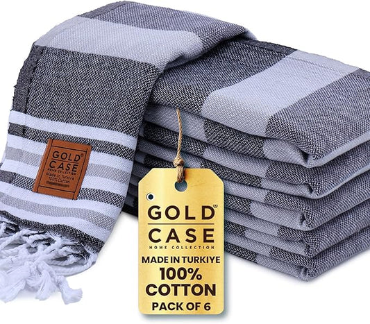 GOLD CASE HOME COLLECTION Olympos Original Turkish Hand Towels by - Set of 6-20x40 inches 100% Cotton Decorative Bathroom & Kitchen for Hand, Face, Hair, SPA, Farmhouse, Gym, Tea and Dishcloth, Black