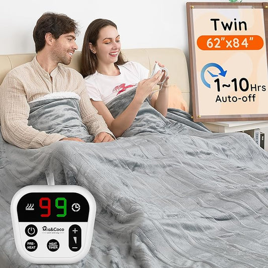 Mia&Coco Electric Blanket Twin - 62"x84" Flannel Heated Blanket,10 Heat Levels, 10-Hour Auto-Off, Fast Heating, Overheat Protection, Machine Washable, Soft Heating Blanket for Home and Office (Gray)