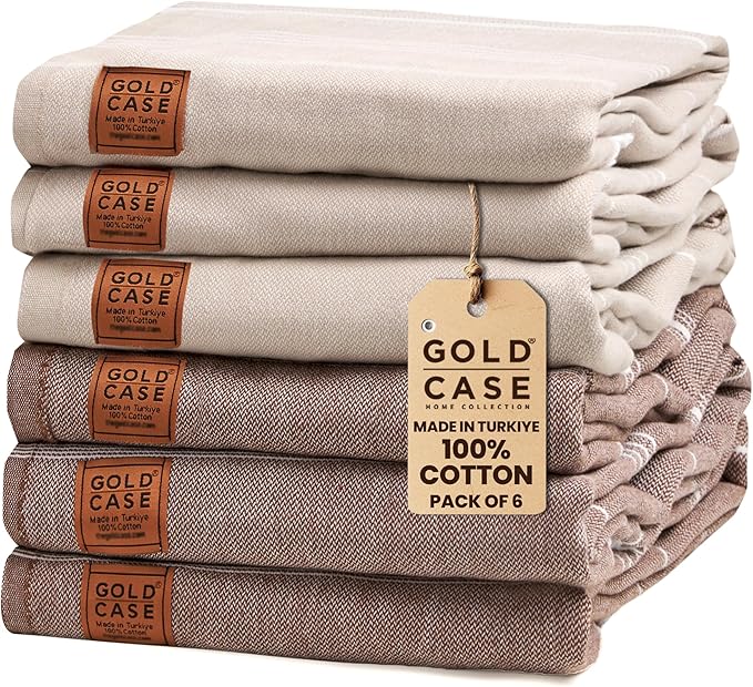 Gold CASE LYCIA Turkish Beach Towel Set of 6 – 100% Cotton Turkish Beach Towels Bulk 70 x 38'' – LYCIA Oversized, Quick Dry & Sand Free Beach Towel – Lightweight Towels Set in Mocha Mousse