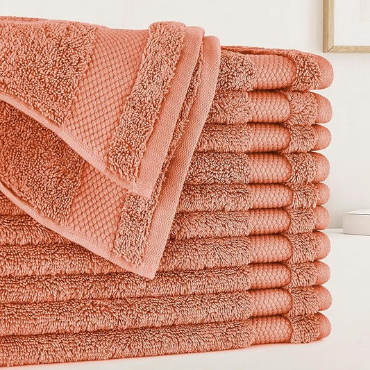 BIOWEAVES 100% Organic Cotton 700 GSM Plush Premium Washcloths 13" x 13" GOTS Certified, Face Towels Perfect for Home & Bathroom - Burnt Orange, Pack of 12