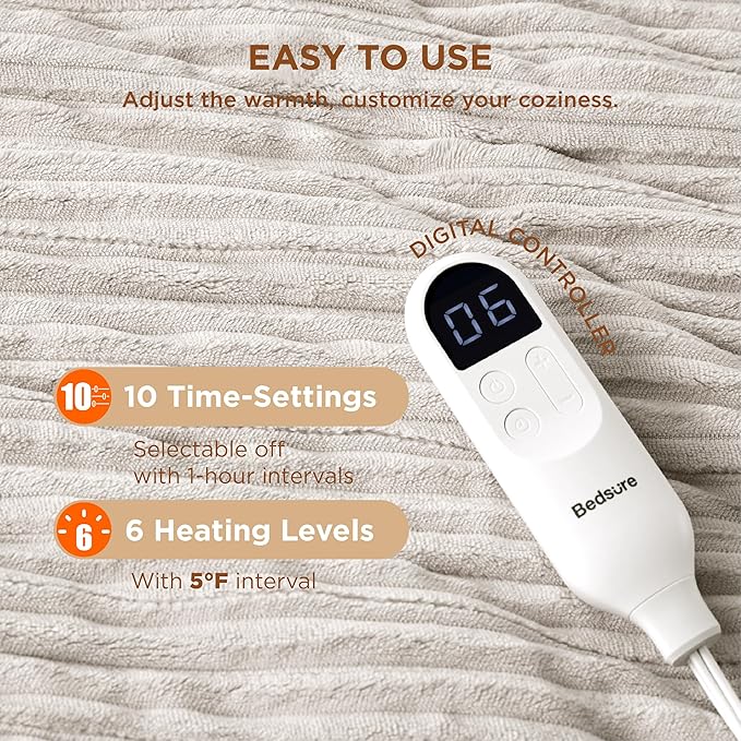 Bedsure GentleSoft Electric Blanket Full Size - Soft Ribbed Flannel Heated Blanket with 6 Heat Settings, Heating with 10 Time Settings, 8 hrs Timer Auto Shut Off, Gifts for Grandma (72"x84", Cream)