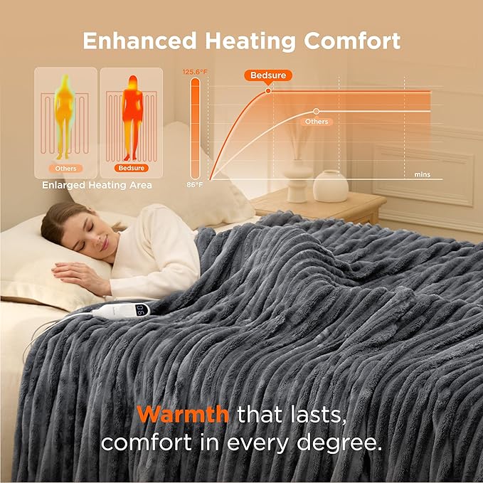Bedsure Electric Blanket Full Size - Thick Striped Flannel Heated Blanket with 6 Heat Settings, Heating with 10 Time Settings, 8-Hour Timer Auto Shut Off, Gift for Grandma (72x84 inches, Grey)