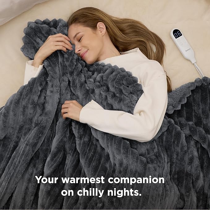 Bedsure Electric Blanket Full Size - Thick Striped Flannel Heated Blanket with 6 Heat Settings, Heating with 10 Time Settings, 8-Hour Timer Auto Shut Off, Gift for Grandma (72x84 inches, Grey)