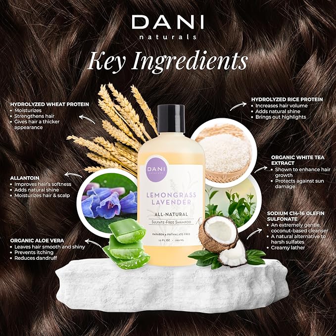 DANI Naturals Shampoo - Lemongrass Lavender - Calming for the scalp; Scalp redness reduction; Reduces dandruff & dryness, 12 oz