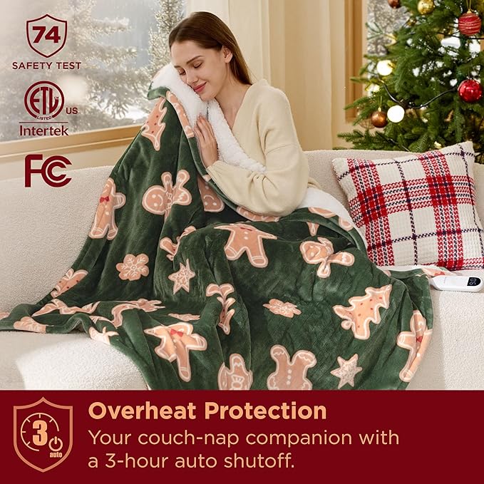 Bedsure Christmas Heated Blanket Throw - Soft Flannel Sherpa Electric Blanket with Gingerbread Pattern, Heated Throw as a Gift, with 6 Heating Levels, 4 Time Settings, and 3-Hour Auto-Off (50"x60")