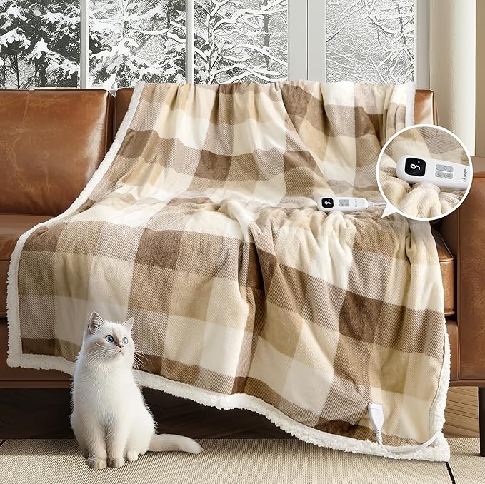 Heated Blanket Electric Throw-50''x60''Ultra Soft Cozy Plaid Flannel Fast Heating Electric Blanket with 10 Heat Levels & 10 Hours Auto Off, ETL Certified, Keep Warm in Couch Bed Office(Khaki)