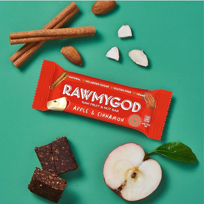 RAWMYGOD Fruit and Nut Bars, Gluten Free, Vegan, No Added Sugar (16 bars, Apple & Cinnamon)
