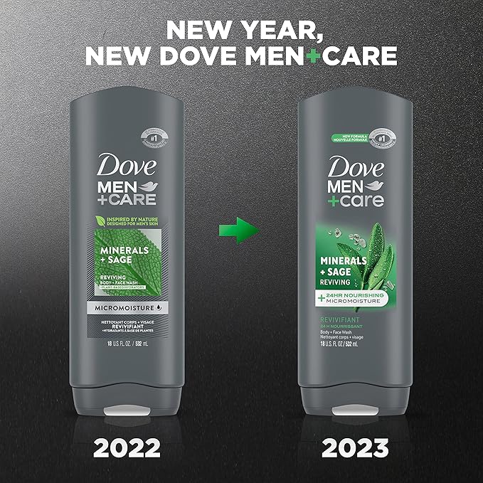 Dove Body and Face Wash Reviving Minerals + Sage Body Wash for Men with 24-Hour Nourishing Micromoisture Technology, 18 oz