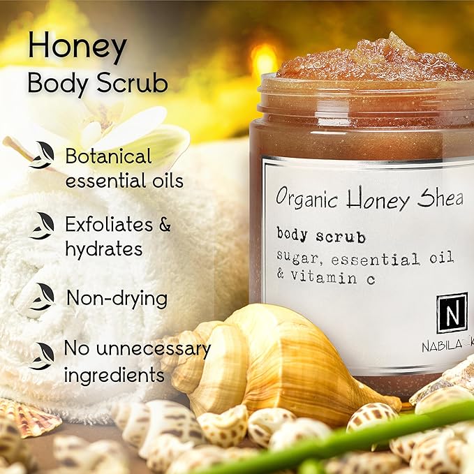 Organic Honey Shea Body Scrub Made in USA with Essential Oil and Vitamin C by Nabila K - Exfoliate and Moisturize for Smooth Skin - Luxury for Women & Men, 3 oz