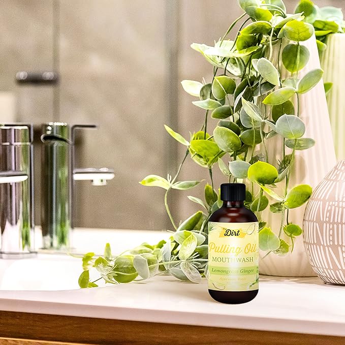 THE DIRT Oil Pulling Mouthwash - Gluten Free - Removes Plaque, Tartar, Bad Breath & Whitens Teeth (Lemongrass & Ginger, 4 Ounce)