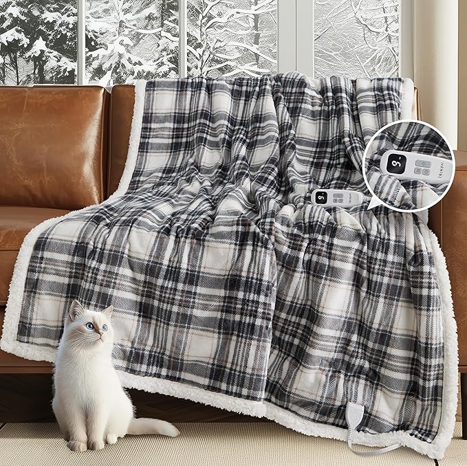 Heated Blanket Electric Throw-50''x60''Ultra Soft Cozy Plaid Flannel Fast Heating Electric Blanket with 10 Heat Levels & 10 Hours Auto Off, ETL Certified, Keep Warm in Couch Bed Office(Grey)