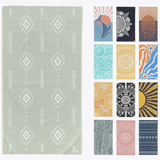 FESHKA Sand Proof Turkish Beach Towel – Oversized, Quick Dry & Lightweight Travel Towel - 100% Organic Cotton Beach Blanket - Perfect for Bath, Pool & Picnic | Cat Eye (Light Green)