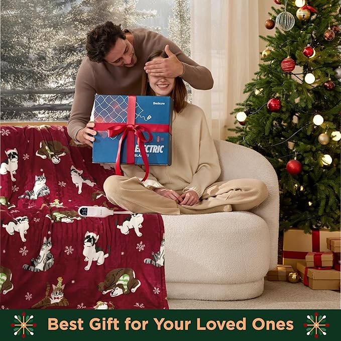Bedsure Christmas Heated Blanket Throw - Soft Flannel Sherpa Electric Blanket with Pet Pattern, Heated Throw as a Gift, with 6 Heating Levels, 4 Time Settings, and 3-Hour Auto-Off (50x60 inches)