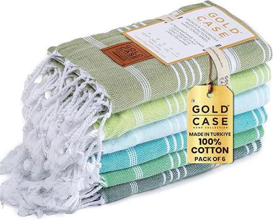 GOLD CASE HOME COLLECTION Lycia Original Turkish Hand Towels by Gold CASE-Set of 6-20x40'' 100% Cotton Decorative Bathroom & Kitchen for Hand,Face,Hair,SPA,Farmhouse,Gym, and Dishcloth,Tones of Green