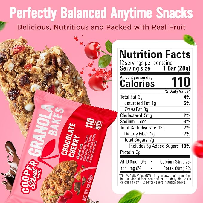 Cooper Street Chocolate Cherry Granola Bakes (12 pack) - Individually Wrapped Soft and Chewy Breakfast Granola Bars - Nut, Dairy & Soy Free - Great As Kids Snacks For School, Hiking Or Lunchbreak