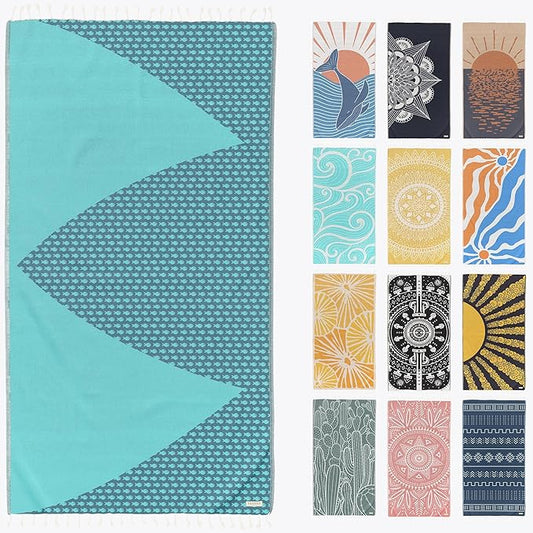 FESHKA Sand Proof Turkish Beach Towel – Oversized, Quick Dry & Lightweight Travel Towel - 100% Organic Cotton Beach Blanket - Perfect for Bath, Pool & Picnic | Big Fish (Teal/Turquoise)