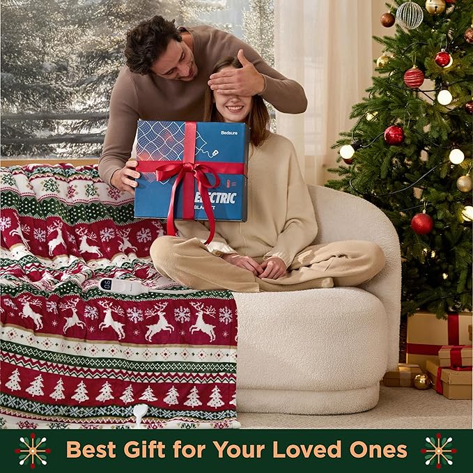 Bedsure Christmas Heated Blanket Throw - Soft Flannel Sherpa Electric Blanket with Fair Isle, with 6 Heating Levels, 4 Time Settings and 3-Hour Auto-Off, Heated Throw as a Gift (50x60 inches)