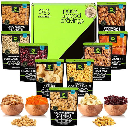NUT CRAVINGS - Diwali Sweets Hamper Mid-Autumn Festival Dried Fruit & Mixed Nuts Basket in Green Box (9 Assortments of 4 oz, 2.25 lb) Food Arrangement, Healthy Snack Care Package, Food Assortments