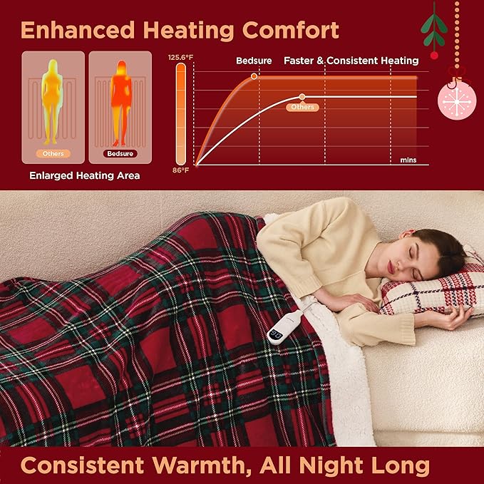 Bedsure Plaid Heated Throw Blanket - Flannel Sherpa Electric Blanket with Plaid Pattern, for Grandma, Heating with 6 Heating Levels, 4 Time Settings, 3-Hour Auto-Off (Red, 50"x60")