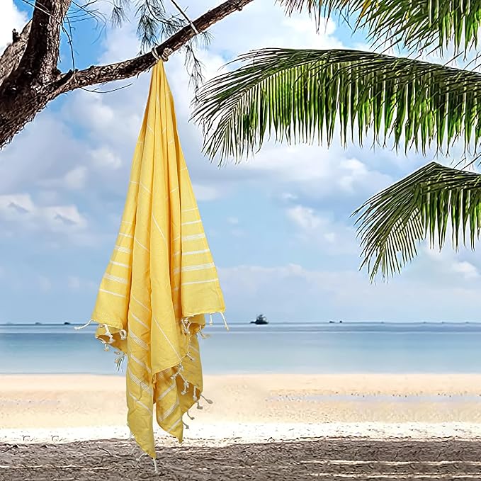 HILLFAIR Cotton Turkish Beach Towels, Quick Dry Lightweight Sand Free Peshtemal Towel for Bath Swim Yoga Spa Travel, Beach Accessories, Oversized Cotton Turkish Towels (39 x 72 inch- 4 Pack Yellow)