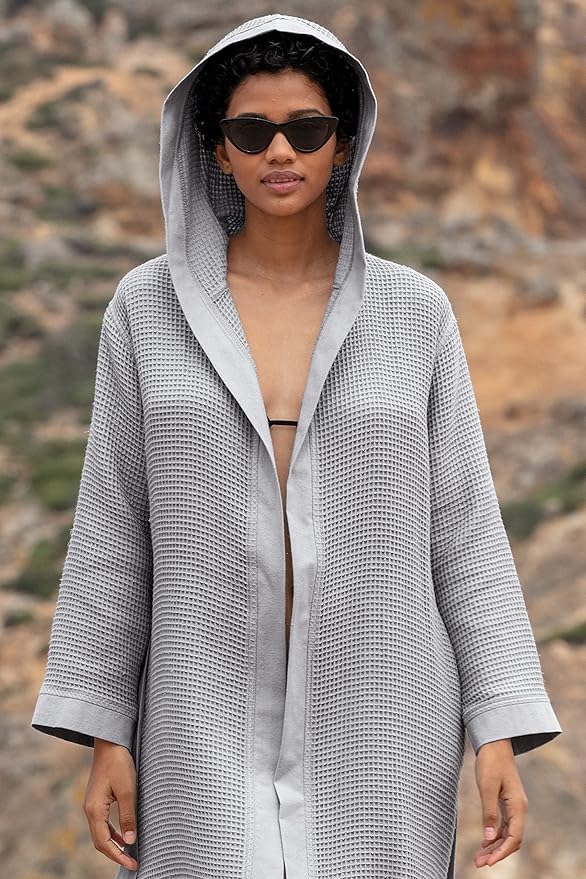 SEYANTE Women’s Luxury Waffle Shawl Collar, Hooded Robe w Piping – Lightweight, Long, Ultra Soft Spa Sleepwear Bathrobe
