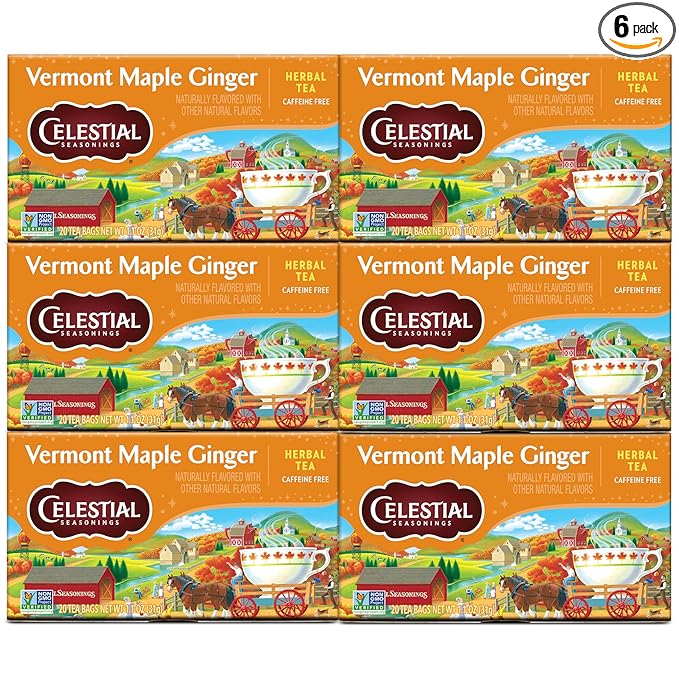 Celestial Seasonings Herbal Tea, Vermont Maple Ginger, Caffeine Free, 20 Count (Pack of 6)
