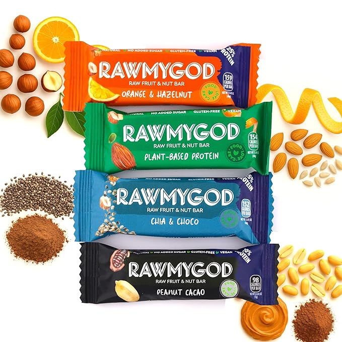 RAWMYGOD Fruit and Nut Bars, Gluten Free, Vegan, No Added Sugar (16 bars, Protein Pack - 4 Orange & Hazelnut, 4 Fruit & Nut, 4 Chia & Choco, 4 Peanut & Cacao)