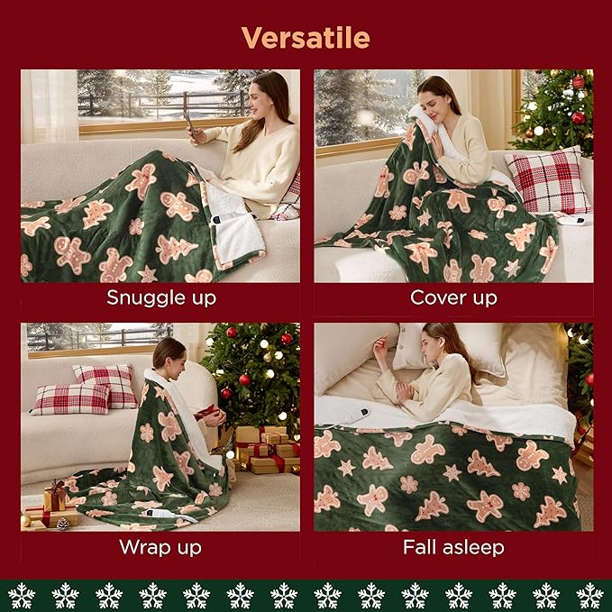 Bedsure Christmas Heated Blanket Throw - Soft Flannel Sherpa Electric Blanket with Gingerbread Pattern, Heated Throw as a Gift, with 6 Heating Levels, 4 Time Settings, and 3-Hour Auto-Off (50"x60")