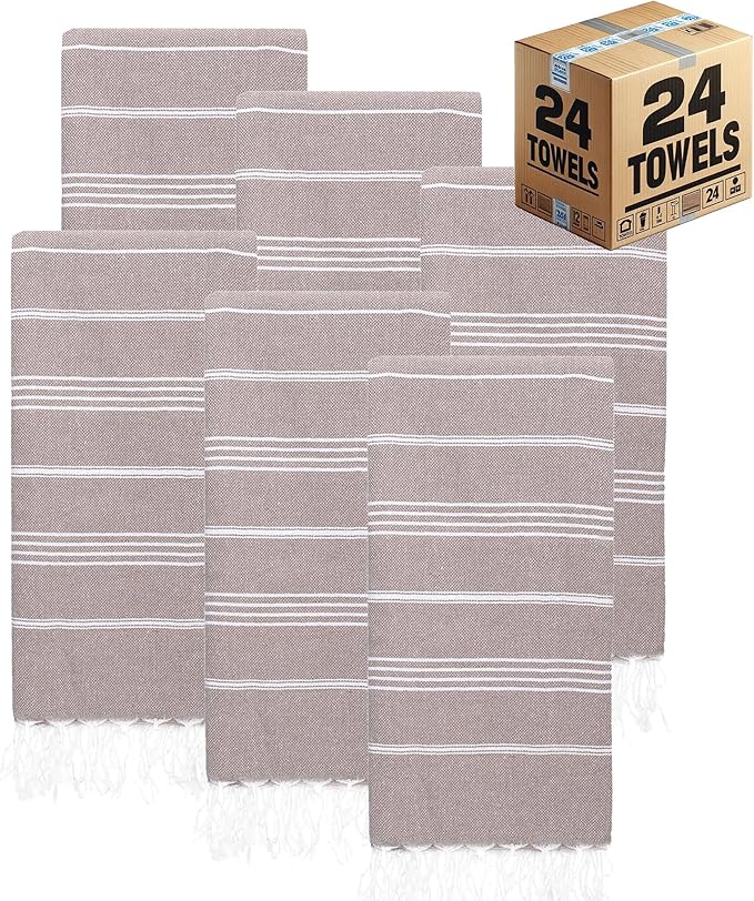 Turkish Beach Towels, Bulk Case of 24 | Oversized, Quick Dry, Sand Free | 100% Cotton, Large 38x71 Towels for Beach, Pool, Travel | Ultra-Soft, Compact, Absorbent | Light Brown