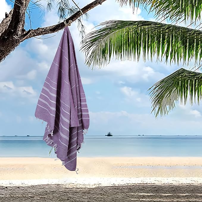 HILLFAIR Cotton Turkish Beach Towels, Quick Dry Lightweight Sand Free Peshtemal Towel for Bath Swim Yoga Spa Travel, Beach Accessories, Oversized Cotton Turkish Towels (39 x 72 inch- 4 Pack Purple)