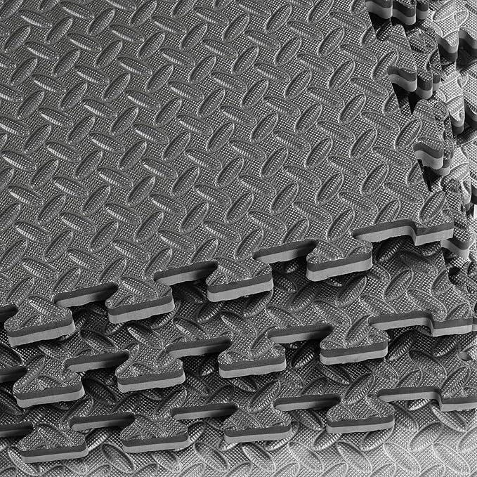 Xspec 1" Extra Thick 48 sq ft Reversible EVA Gym Foam Floor Mat Tiles (24" x 24"), Steel Pattern, 12 pcs, Black & Grey