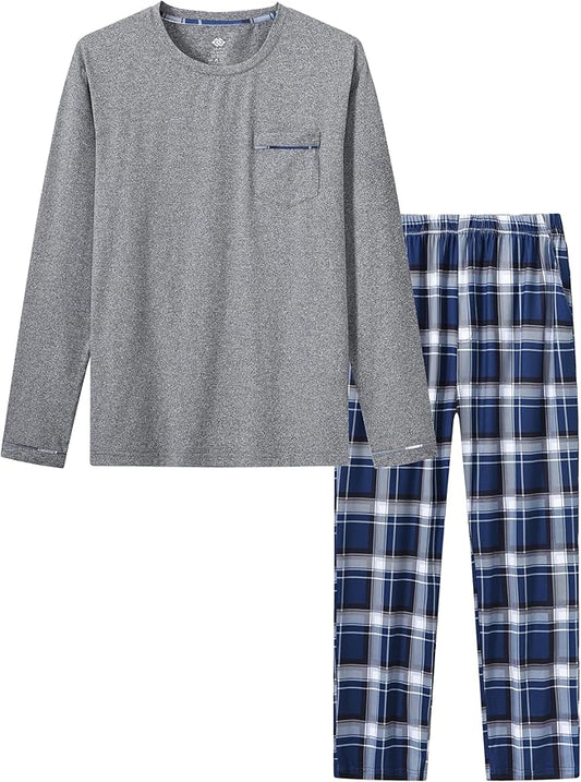 MoFiz Men's Pajamas Plaid Sets Sleepwear Sleep Long Sleeve Shirts and Pants Pajama Set Soft Mens Pjs Lounge Set with Pockets