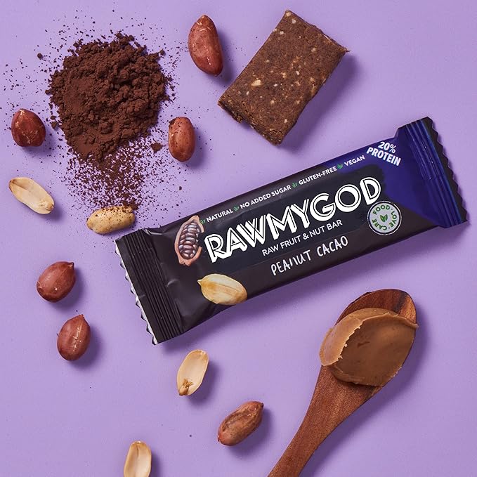 RAWMYGOD Fruit and Nut Bars, Good Source of Protein (5g, 20% protein content), Gluten Free, Vegan, No Added Sugar (20 bars, Peanut & Cacao)