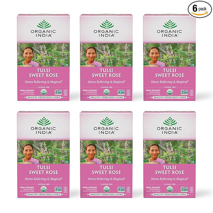 Organic India Tulsi Sweet Rose Herbal Tea - Holy Basil Leaf, African Basil, Chamomilie, Lemon Myrtle, Stress Relieving, Immune Support, USDA Certified Organic, Caffeine-Free - 18 Infusion Bags, 6 Pack