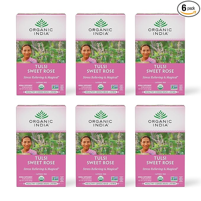 Organic India Tulsi Sweet Rose Herbal Tea - Holy Basil Leaf, African Basil, Chamomilie, Lemon Myrtle, Stress Relieving, Immune Support, USDA Certified Organic, Caffeine-Free - 18 Infusion Bags, 6 Pack