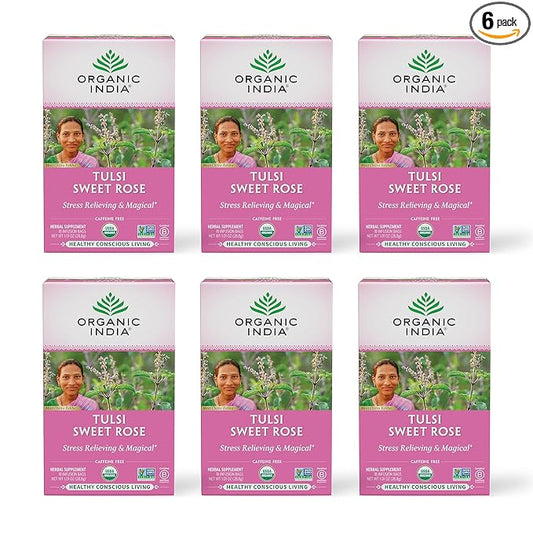 Organic India Tulsi Sweet Rose Herbal Tea - Holy Basil Leaf, African Basil, Chamomilie, Lemon Myrtle, Stress Relieving, Immune Support, USDA Certified Organic, Caffeine-Free - 18 Infusion Bags, 6 Pack