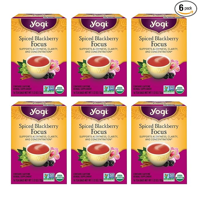 Yogi Spiced Blackberry Focus Tea, Vegan Friendly, Kosher, USDA Certified Organic, Non-GMO, 16 Tea Bags (Pack of 6)