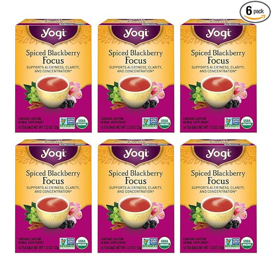 Yogi Spiced Blackberry Focus Tea, Vegan Friendly, Kosher, USDA Certified Organic, Non-GMO, 16 Tea Bags (Pack of 6)