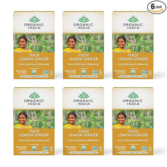 Organic India Tulsi Lemon Ginger Tea Bags - Herbal Tea, Stress Relieving & Reviving, Immune Support, Aids Digestion, Vegan, USDA Certified Organic, Non-GMO, Caffeine-Free - 18 Infusion Bags, 6 Pack