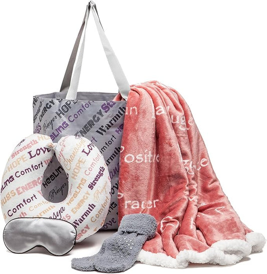 Chanasya Premium Care Gift Package - Throw Blanket, Neck Pillow, Eye Mask, Tote Bag, Socks - 50” x 65” - 5-Piece Set, Rose Tan