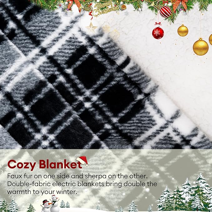 MAXEVE Faux Fur Heated Electric Blanket, 62"x84" Fast Heating Warming Twin Blankets with 8 Heating Levels & 8 Hours Auto Off with Over-Heat Protection & ETL Certified, Plaid Black
