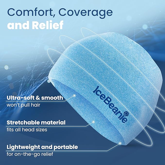 IceBeanie Migraine Relief Cap, As Seen on Shark Tank, Soft & Stretchy Gel Tension Headache Relief Cap, Extended Cooling Hangover Ice Hat, Odorless Head Wrap Ice Pack Wrap, Headache Migraine Mask