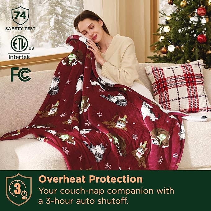 Bedsure Christmas Heated Blanket Throw - Soft Flannel Sherpa Electric Blanket with Pet Pattern, Heated Throw as a Gift, with 6 Heating Levels, 4 Time Settings, and 3-Hour Auto-Off (50x60 inches)