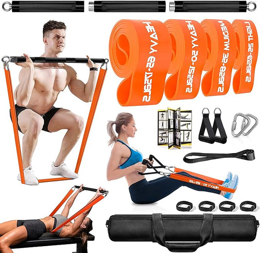 DASKING Resistance Band Bar Set for Home Gym, 500LB Total Resistance with Longer Bar & 4 Stackable Bands, Detachable for Full Body Workouts, Door Anchor, Exercise Guide