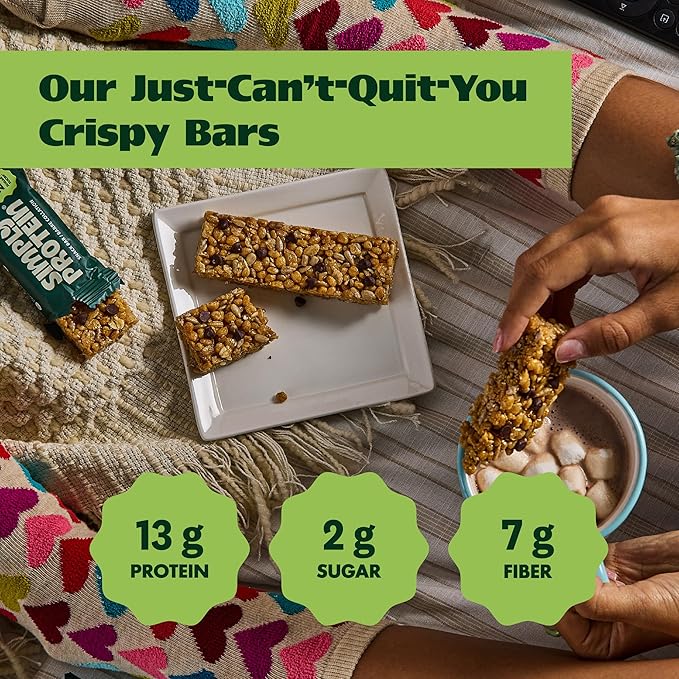 Simply Protein - Dark Chocolate Almond Crispy Bars - Plant Based Protein Bars - Low Carb, Low Sugar, High Fiber - 13g Protein, 2g Sugar, 7g Fiber - Vegan, Gluten Free, Non GMO, Kosher - 8 Bars