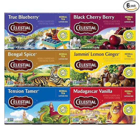 Celestial Seasonings Herbal Tea Variety Pack, Herbal Tea Set with Rooibos, Blueberry, Tension Tamer, Cherry Berry, Bengal Spice, and Lemon Ginger Tea, 20 Caffeine Free Tea Bags Each (Pack of 6)