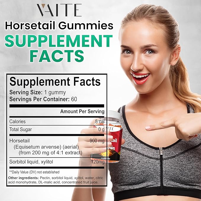 Horsetail Herb Hair Growth Gummies – Silica & Antioxidant Supplement with Horsetail Extract for Stronger Hair, Skin & Nails, Non-GMO, Gluten-Free – Cola de Caballo Hierba – 60 Vegan Chewables