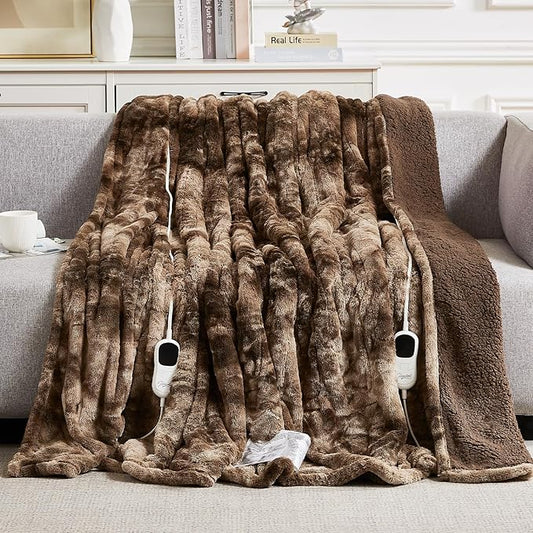 Homemate Electric Heated Blanket Queen Size - 84"x90" Heating Blanket Queen Size Dual Control 1/2/4/6/8 Hours Auto-Off 10 Heat Level Over-Heat Protection Luxury Faux Fur Sherpa ETL Certification